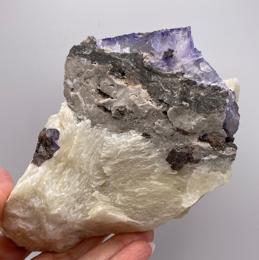A hand holds a piece of Fluorite from The Crystalary, showcasing its rough, uneven surfaces. This fluorite specimen from the Elmwood Mine in Carthage, Smith County, Tennessee features a stunning mix of colors: starting with white at the bottom, transitioning to gray and culminating in a translucent purple at the top. Visible impurities and darker mineral inclusions add to its unique character.