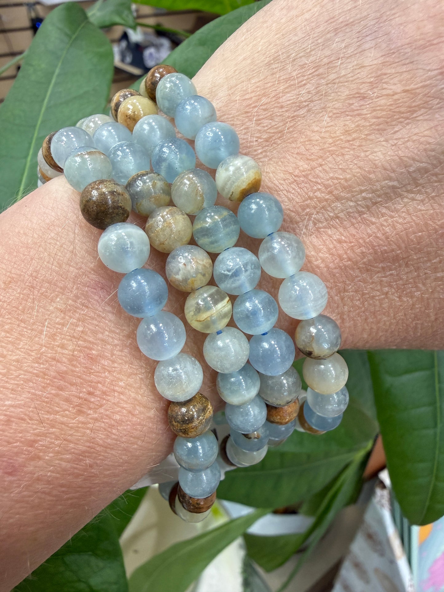 Aquatine Calcite Bracelet Stretch Bracelet- Round Smooth 7.5 inches
