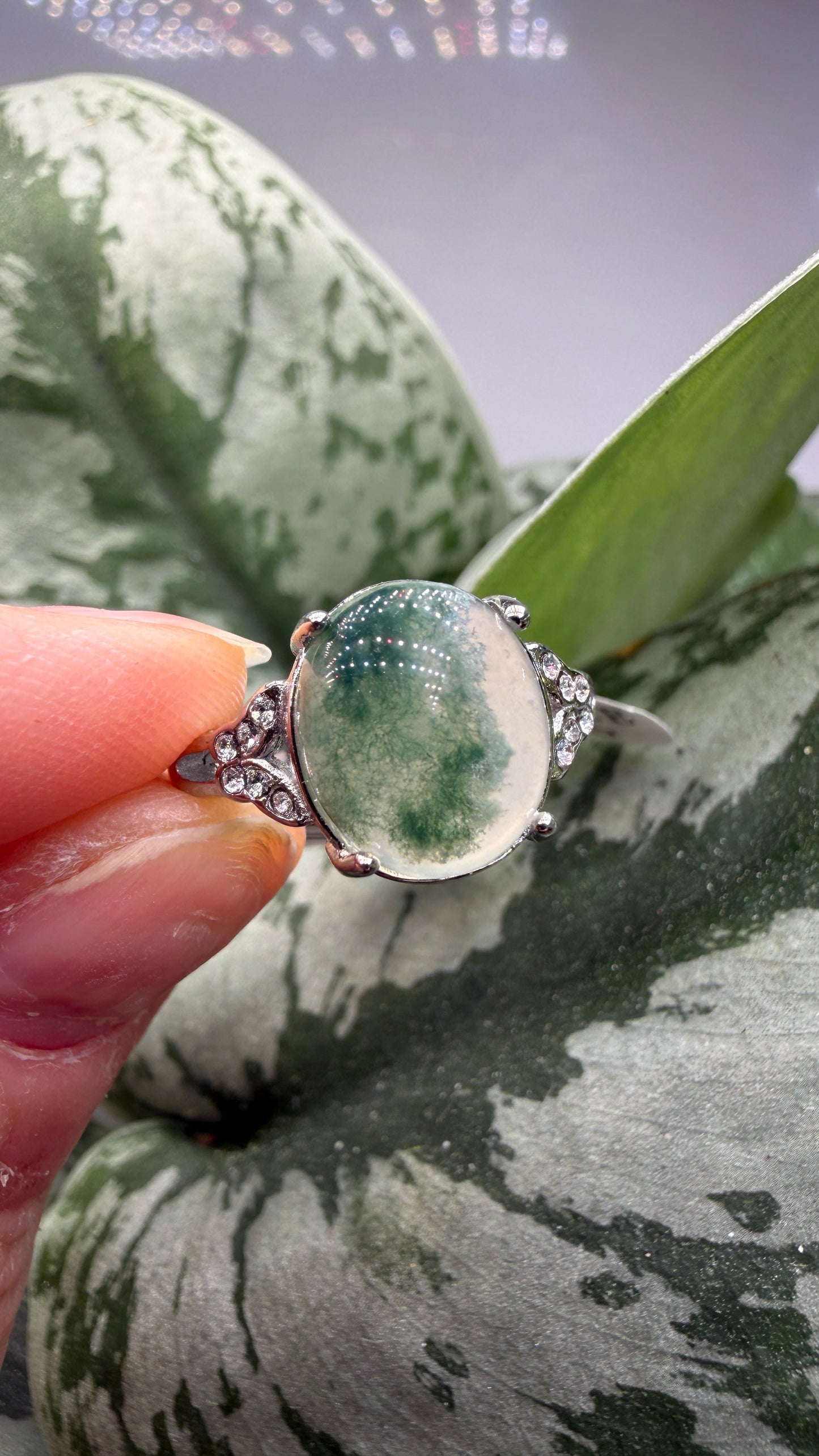 Natural Moss Agate Cabochon Ring Size 6 in 316L Stainless Steel- 10x12mm Oval Gemstone