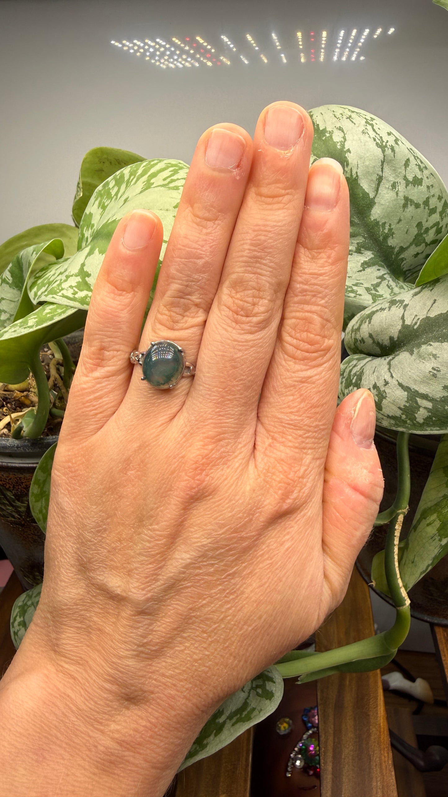 Natural Moss Agate Cabochon Ring Size 8 in 316L Stainless Steel- 10x12mm Oval Gemstone