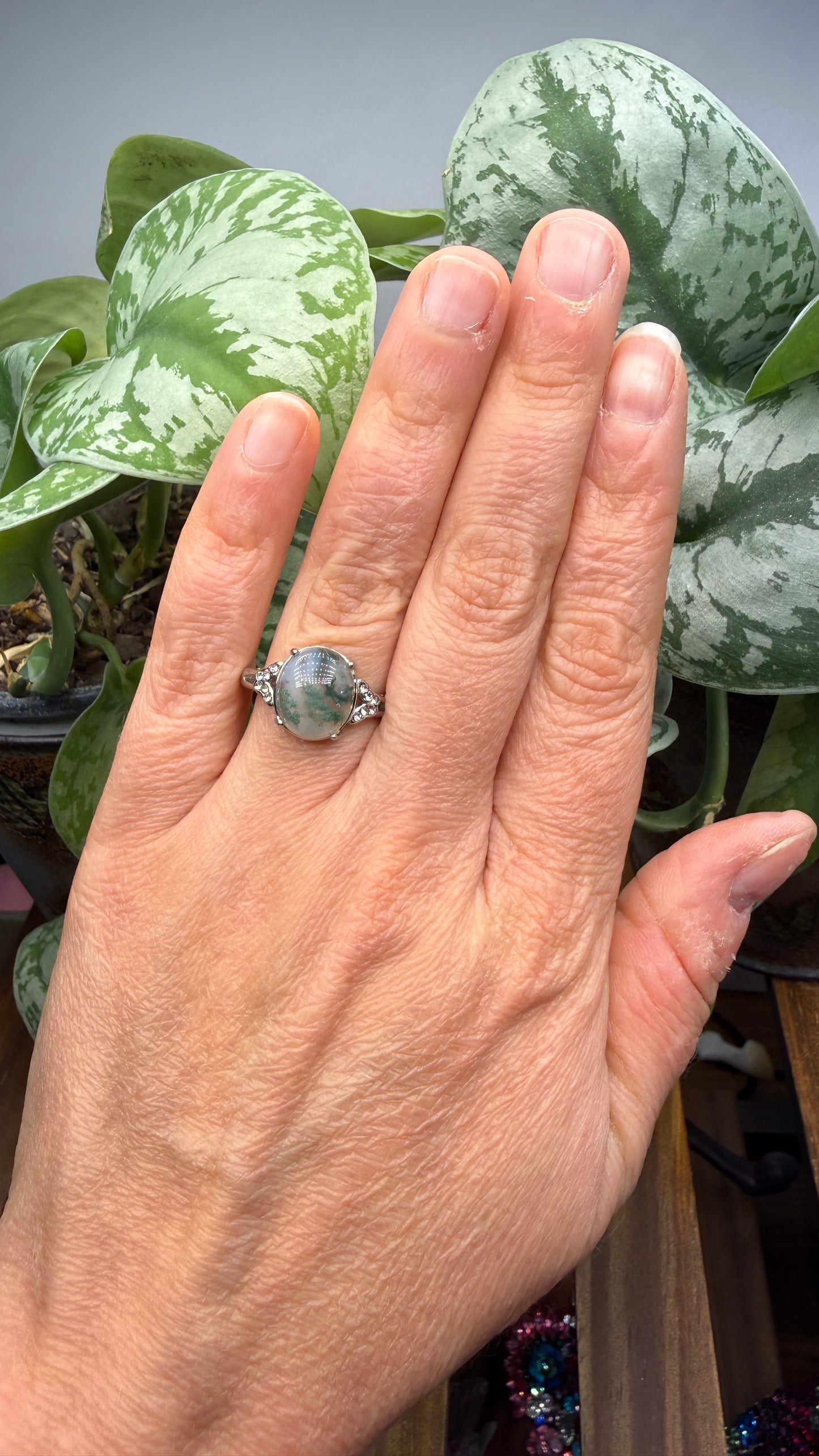 Natural Moss Agate Cabochon Ring Size 8 in 316L Stainless Steel- 10x12mm Oval Gemstone