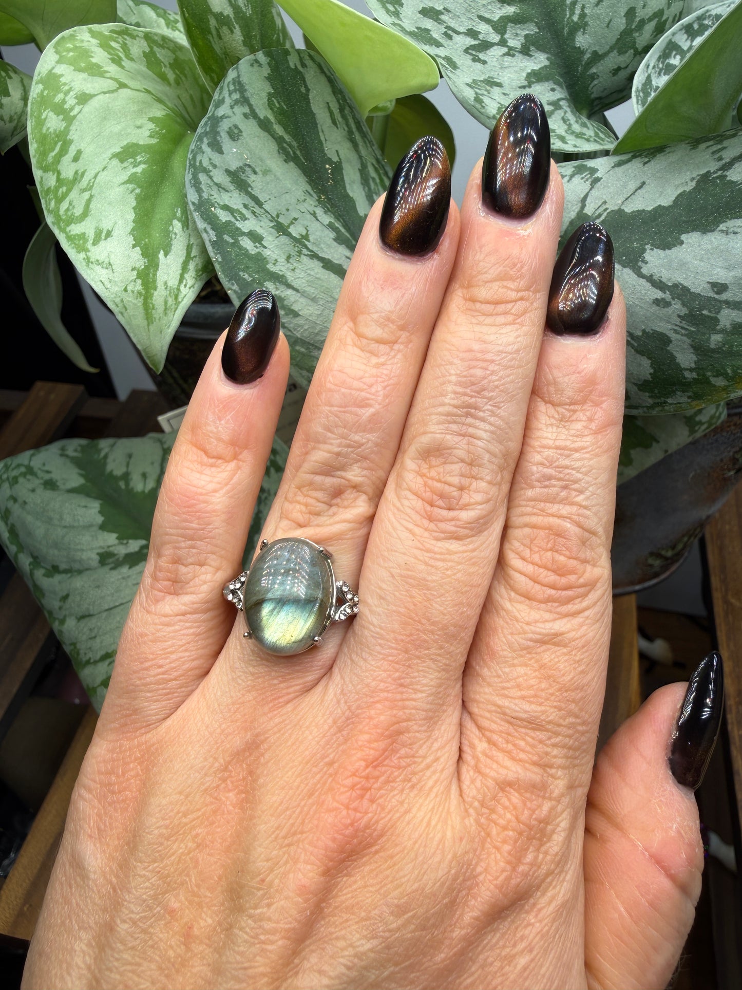 Labradorite Cabochon Ring Size 9 in 316L Stainless Steel- 12x16mm Natural Gemstone