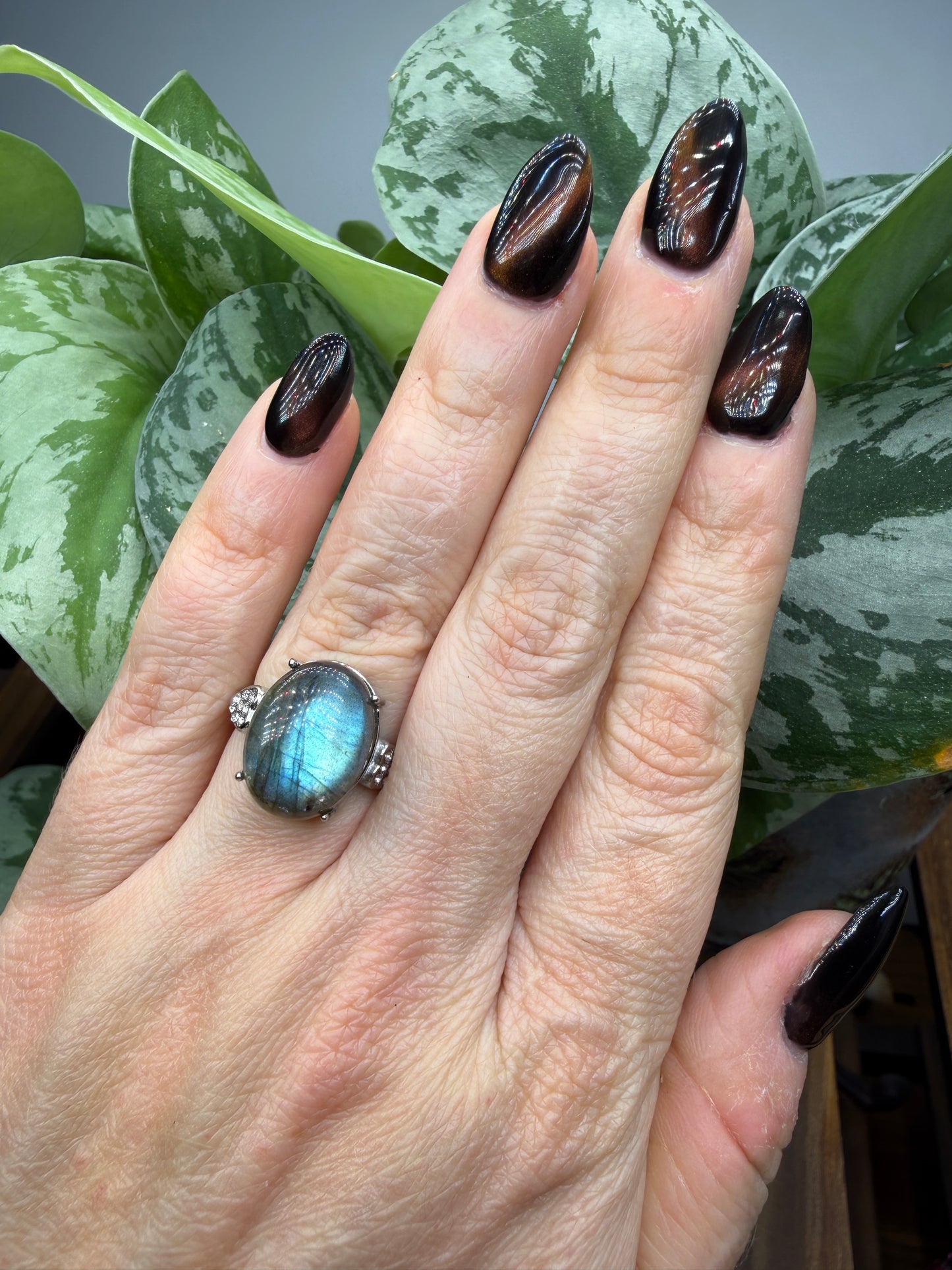Labradorite Cabochon Ring Size 7 in 316L Stainless Steel- 12x16mm Natural Gemstone