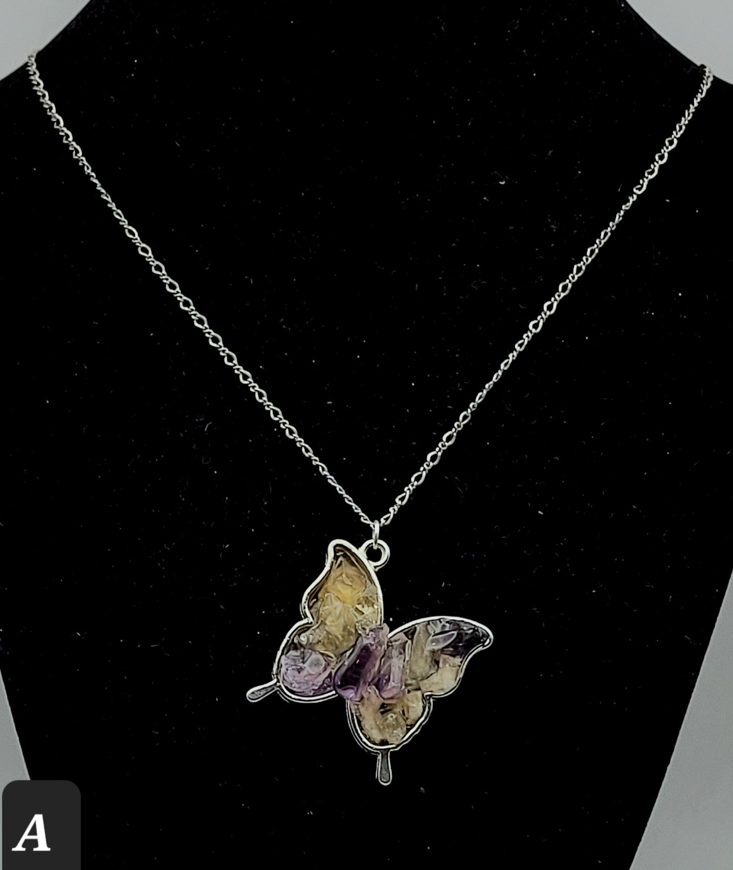 Fluorite Silver Tone Butterfly Necklace, Yellow & Purple Fluorite, Annabel Lee Mine