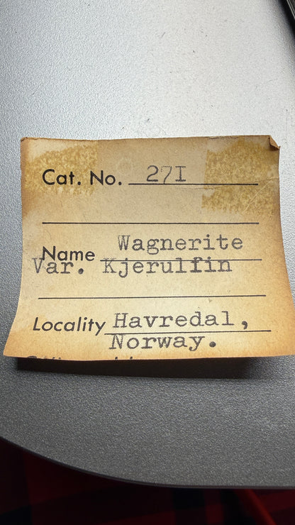 Wagnerite (“Kjerulfine”)- Kjerulfine Mine, Havredal, Bamble, Telemark, Norway