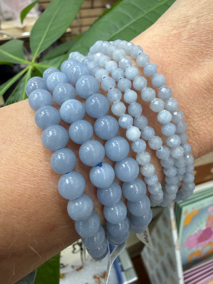 Angelite Bracelet Stretch Bracelet- Round Smooth or Faceted 7.5 inches
