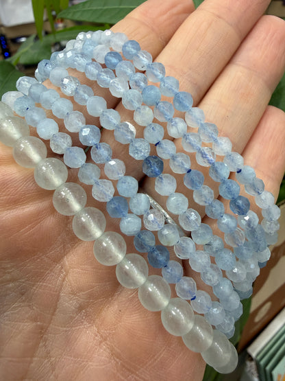 Aquamarine Bracelet Stretch Bracelet- Round Smooth or Faceted 7.5 inches