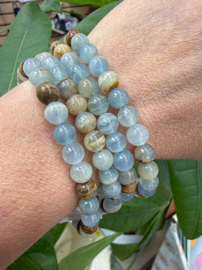 Aquatine Calcite Bracelet Stretch Bracelet- Round Smooth 7.5 inches