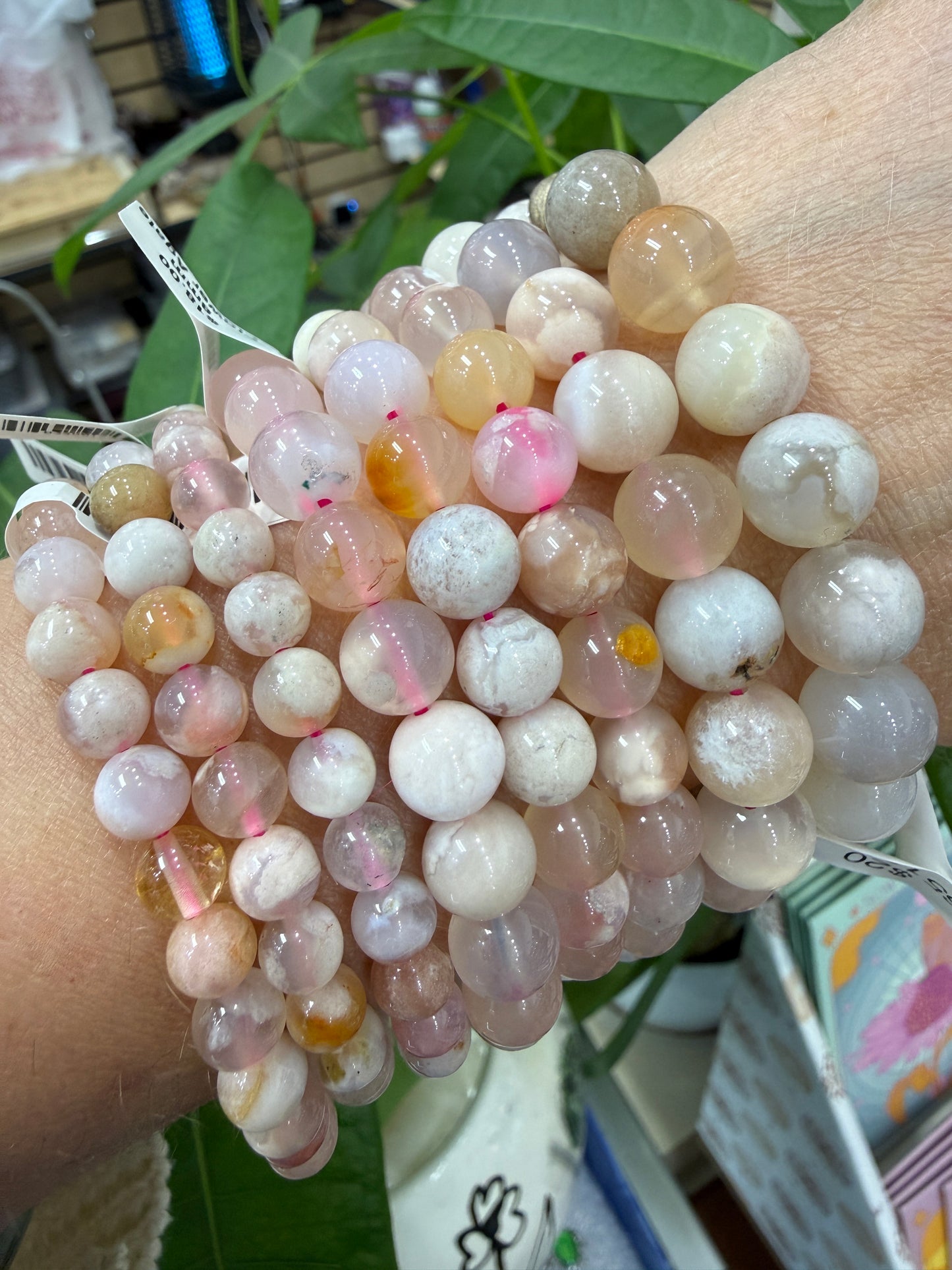 Flower Agate Stretch Bracelet- Round Smooth 7.5 inches