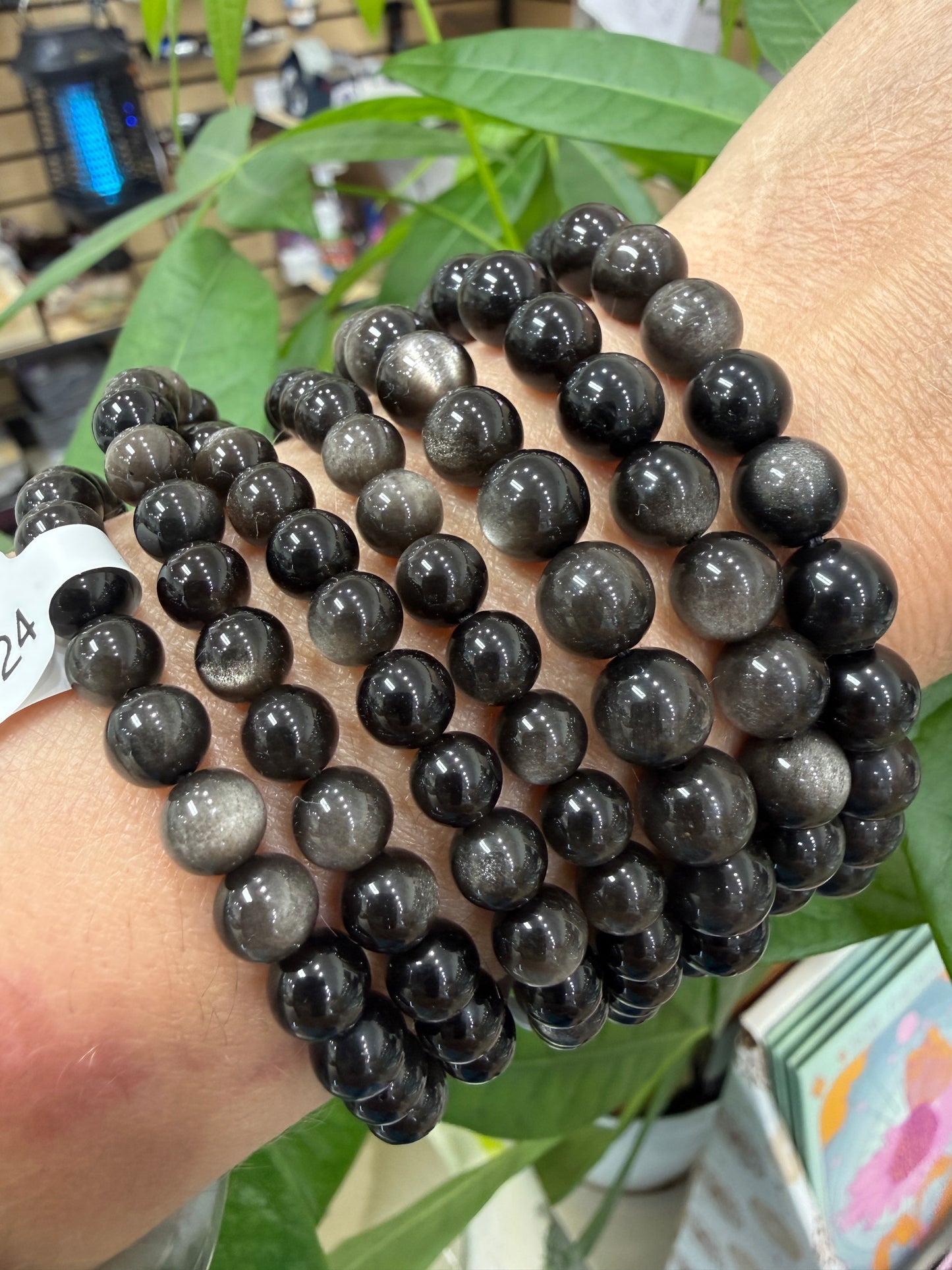 Silver Sheen Obsidian Stretch Bracelet- Round Smooth 7.5 inches