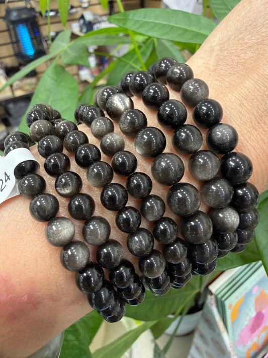 Silver Sheen Obsidian Stretch Bracelet- Round Smooth 7.5 inches