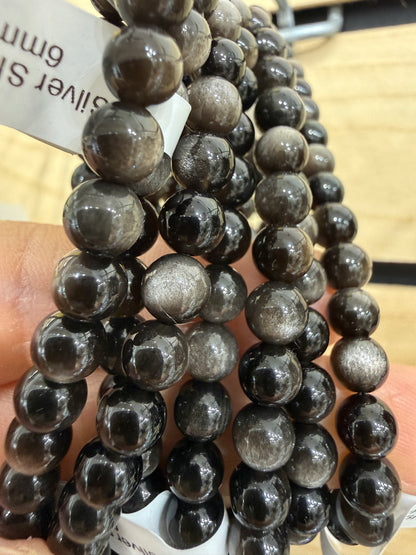 Silver Sheen Obsidian Stretch Bracelet- Round Smooth 7.5 inches