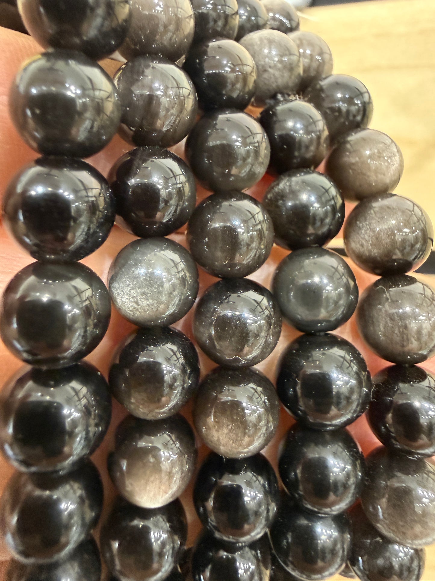 Silver Sheen Obsidian Stretch Bracelet- Round Smooth 7.5 inches