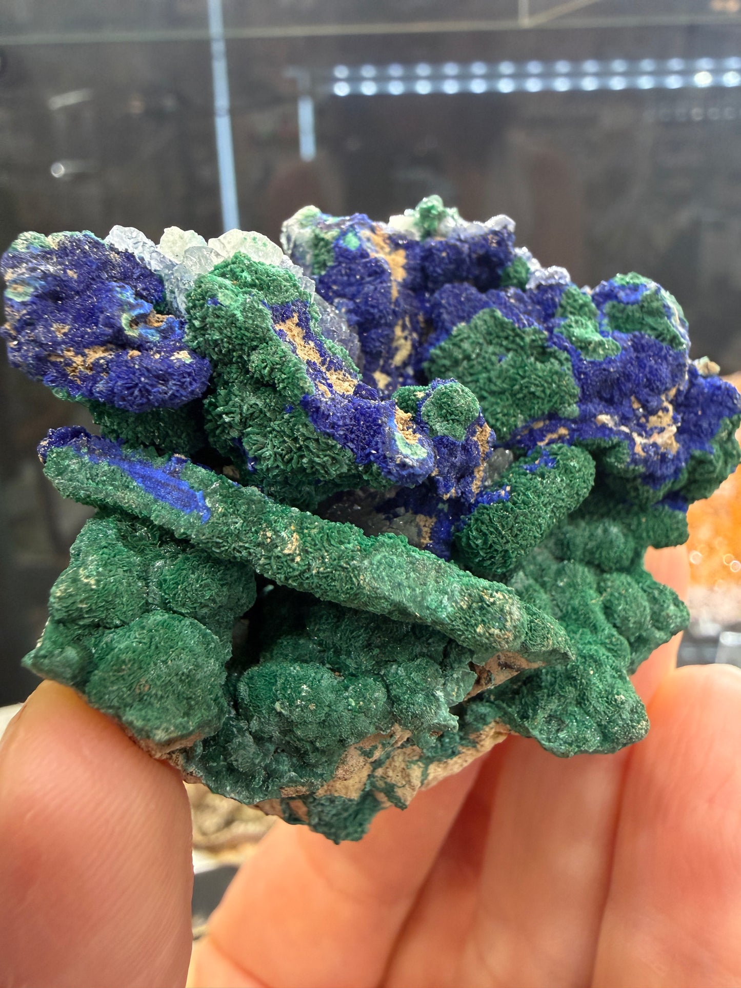 Azurite, Malachite ps Selenite, Calcite- Apex Mine, Jarvis Peak, Beaver Dam Mountains, Washington County, Utah, USA