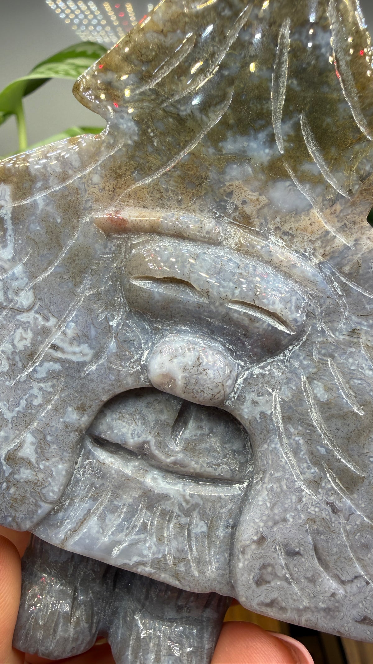 Purple Moss Agate Green Man Carving