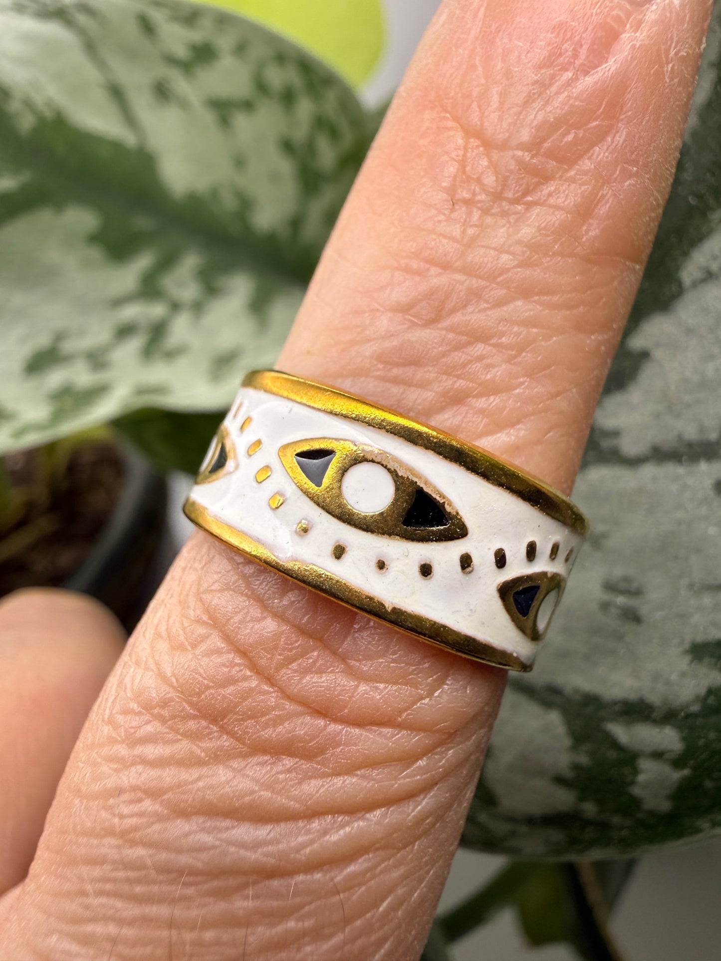 White Enamel Evil Eye Adjustable Ring– 18K Gold-Plated Stainless Steel