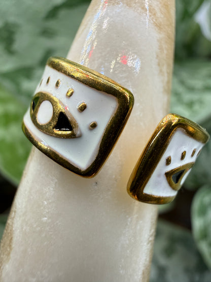 White Enamel Evil Eye Adjustable Ring– 18K Gold-Plated Stainless Steel