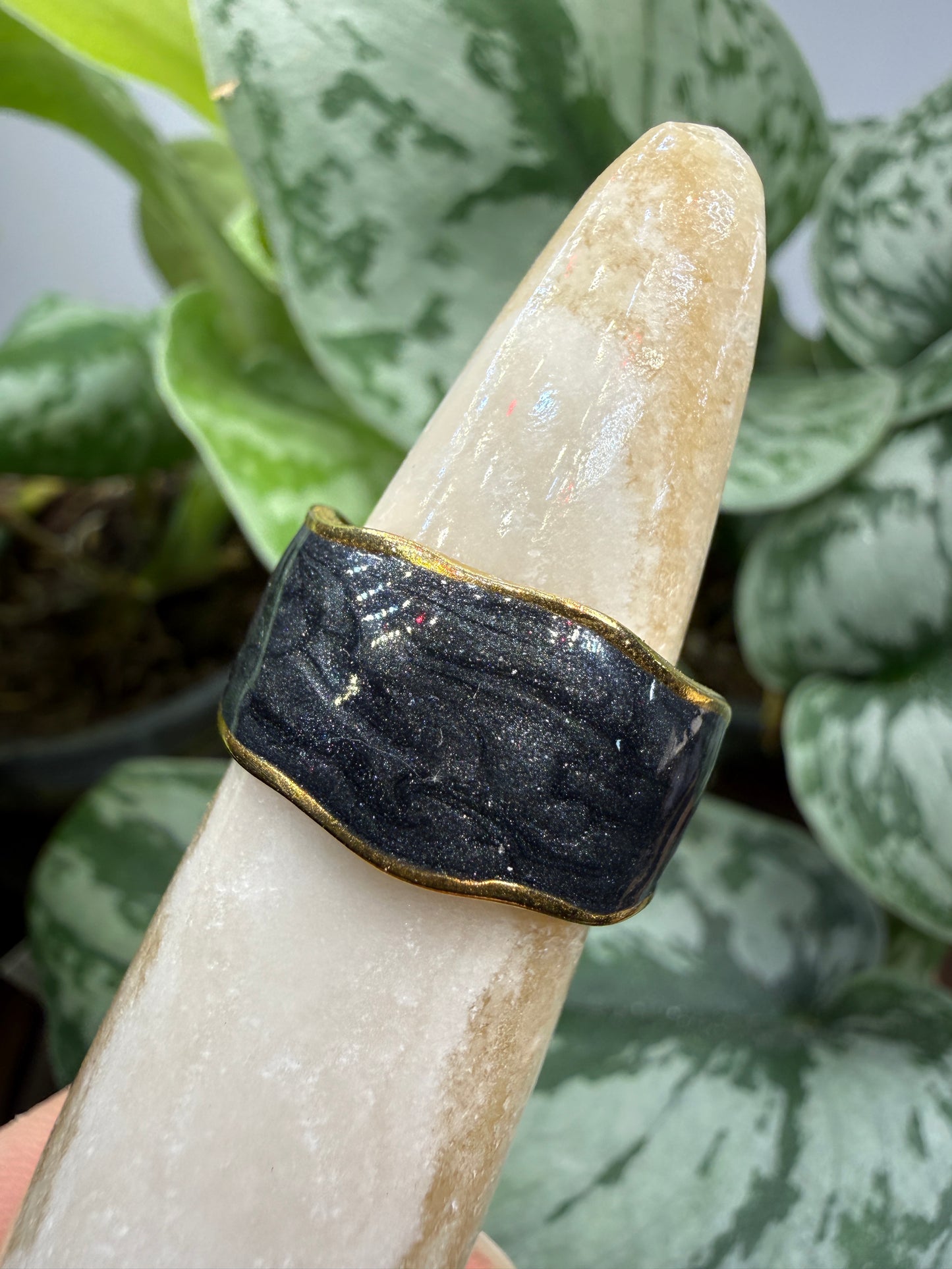 Midnight Grain Enamel Adjustable Ring– 18K Gold-Plated Stainless Steel
