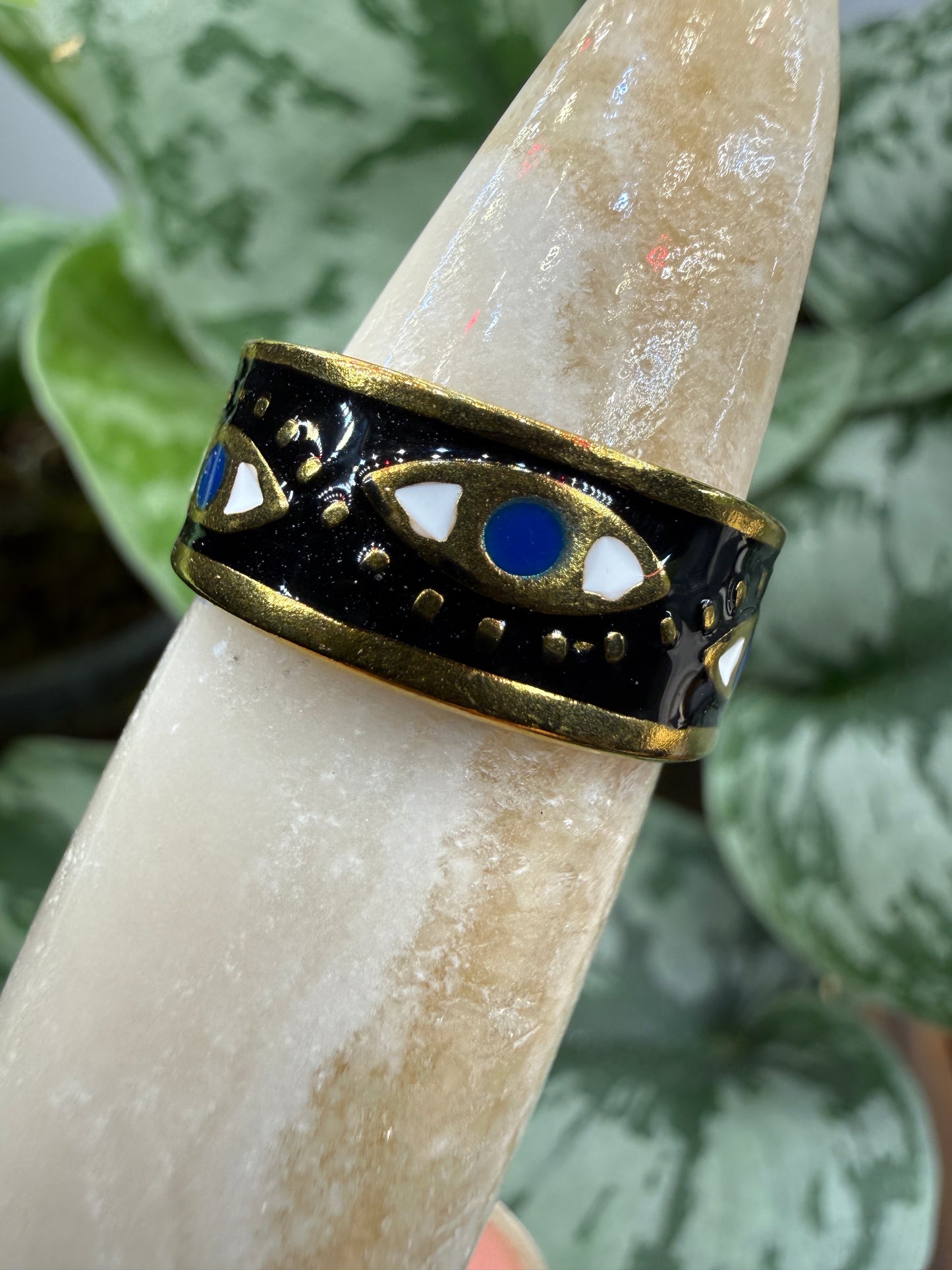 Black Enamel Evil Eye Adjustable Ring– 18K Gold-Plated Stainless Steel