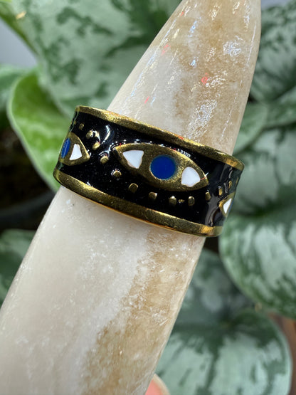 Black Enamel Evil Eye Adjustable Ring– 18K Gold-Plated Stainless Steel