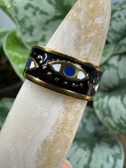Black Enamel Evil Eye Adjustable Ring– 18K Gold-Plated Stainless Steel