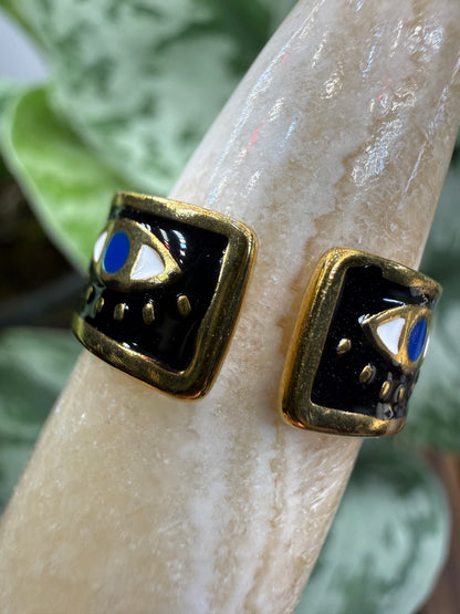 Black Enamel Evil Eye Adjustable Ring– 18K Gold-Plated Stainless Steel