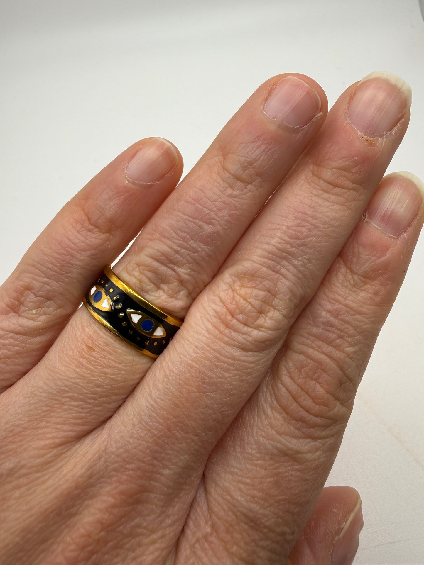 Black Enamel Evil Eye Adjustable Ring– 18K Gold-Plated Stainless Steel