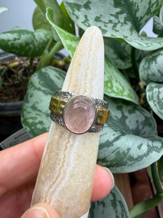 Red Tanzurine® Cabochon Brass Overlay Ring- Sz. 9 Sterling Silver & Brass