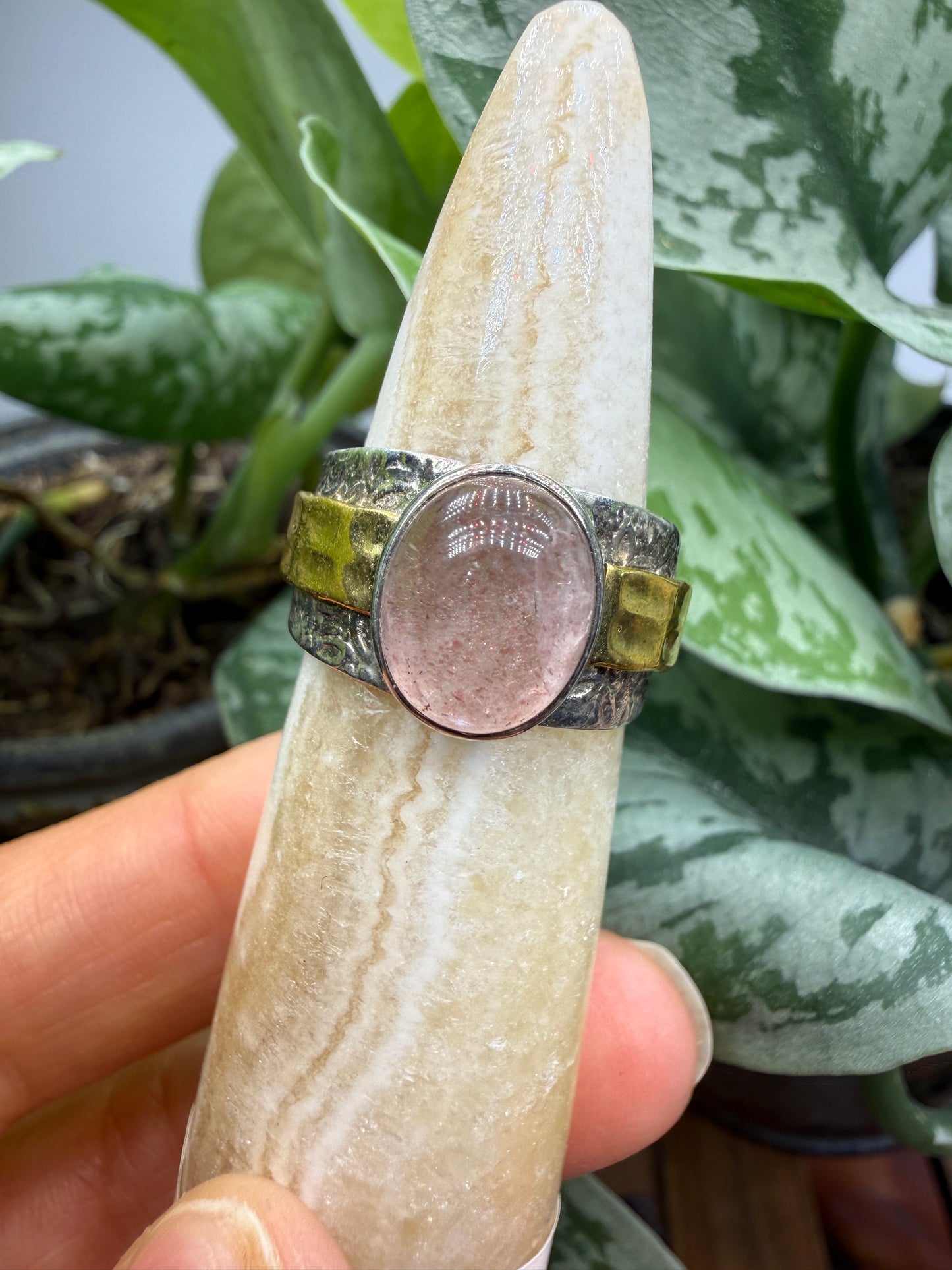 Red Tanzurine® Cabochon Brass Overlay Ring- Sz. 9 Sterling Silver & Brass