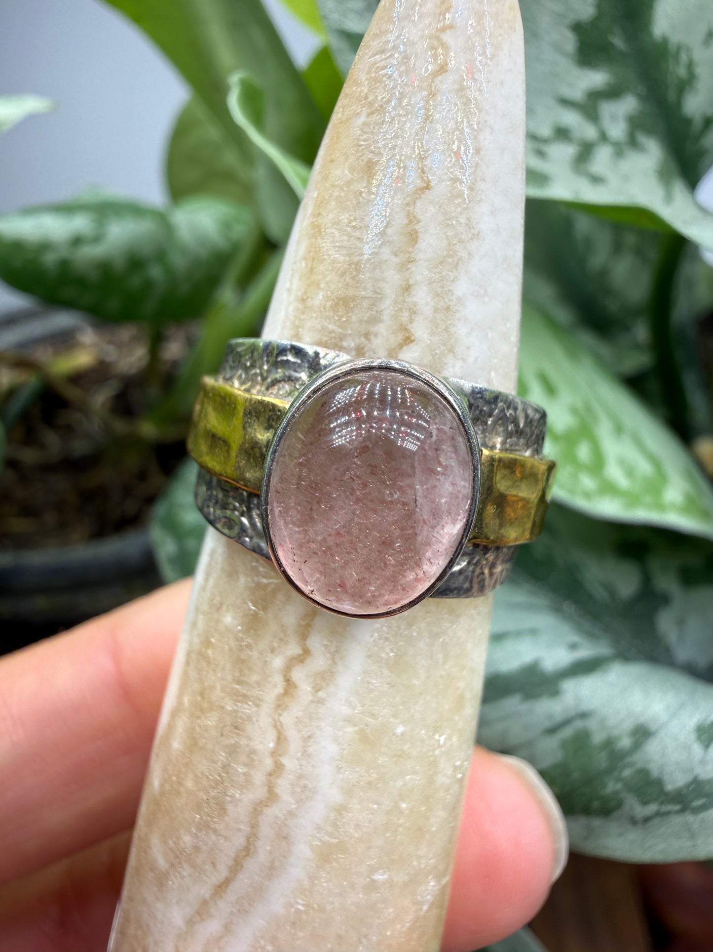 Red Tanzurine® Cabochon Brass Overlay Ring- Sz. 9 Sterling Silver & Brass