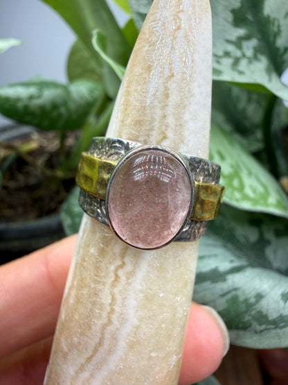 Red Tanzurine® Cabochon Brass Overlay Ring- Sz. 9 Sterling Silver & Brass