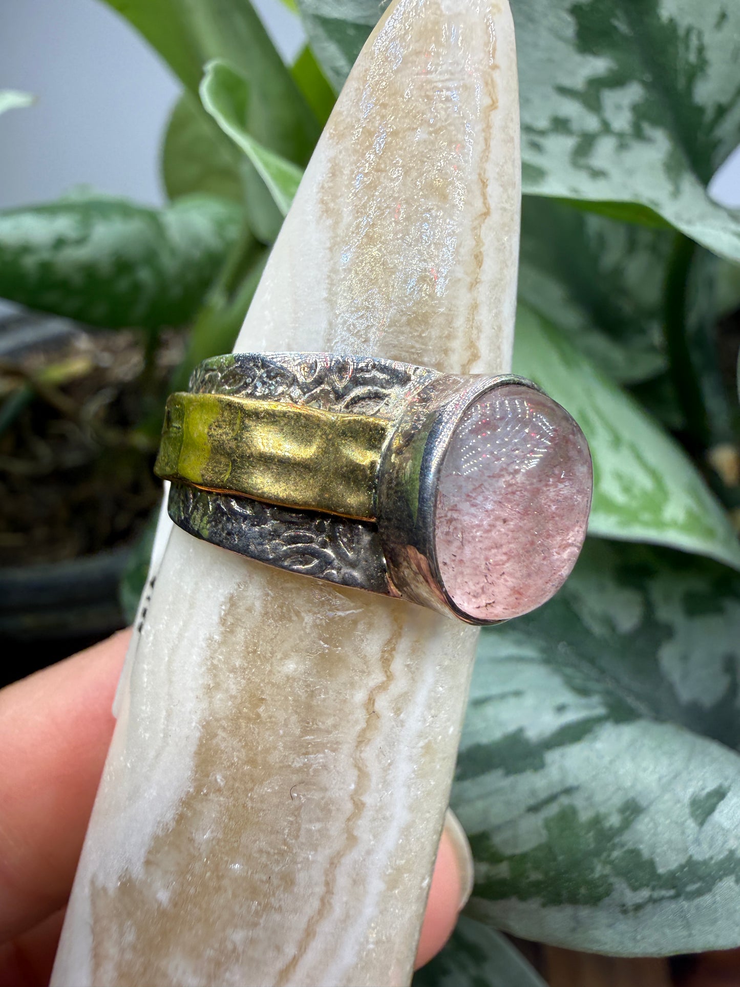Red Tanzurine® Cabochon Brass Overlay Ring- Sz. 9 Sterling Silver & Brass
