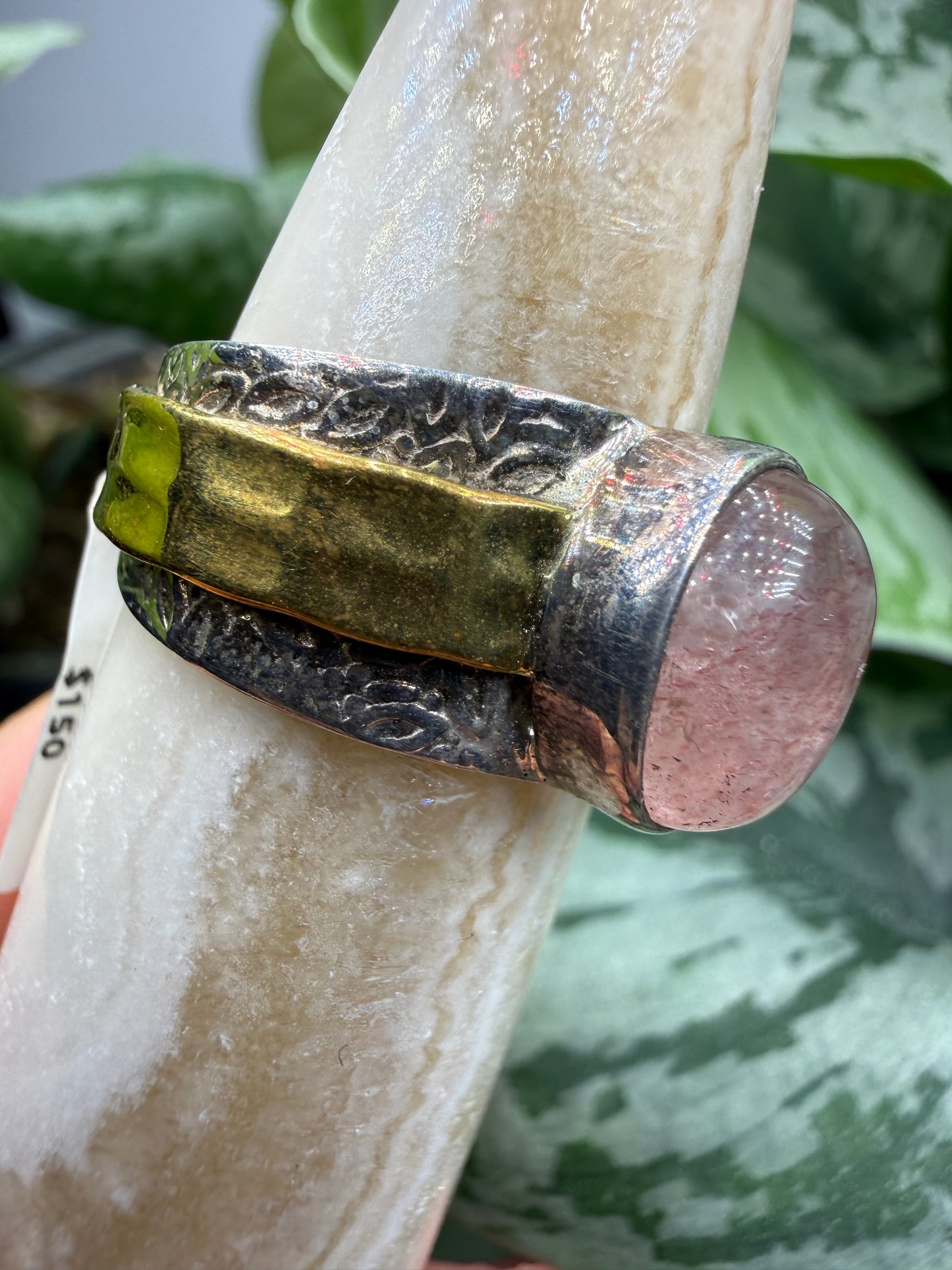 Red Tanzurine® Cabochon Brass Overlay Ring- Sz. 9 Sterling Silver & Brass
