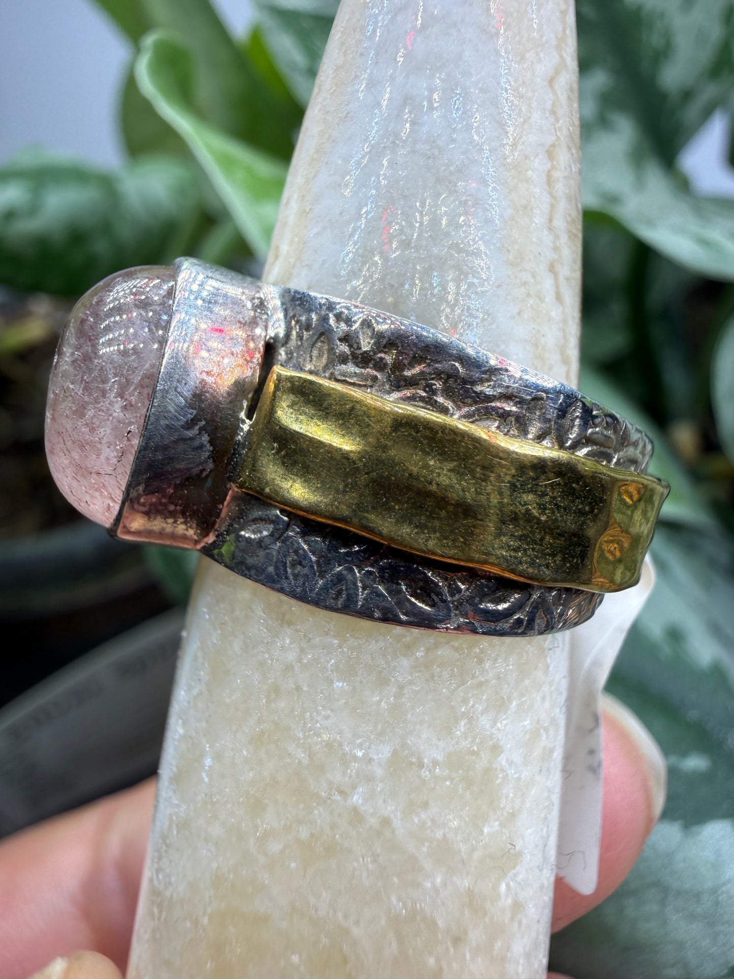 Red Tanzurine® Cabochon Brass Overlay Ring- Sz. 9 Sterling Silver & Brass