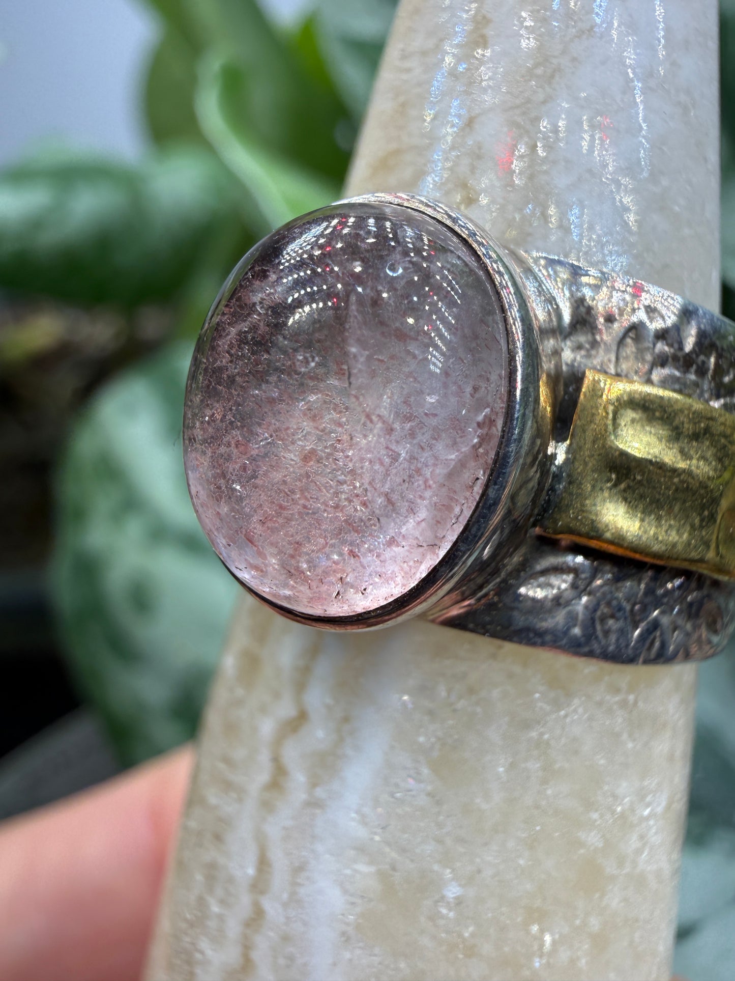 Red Tanzurine® Cabochon Brass Overlay Ring- Sz. 9 Sterling Silver & Brass