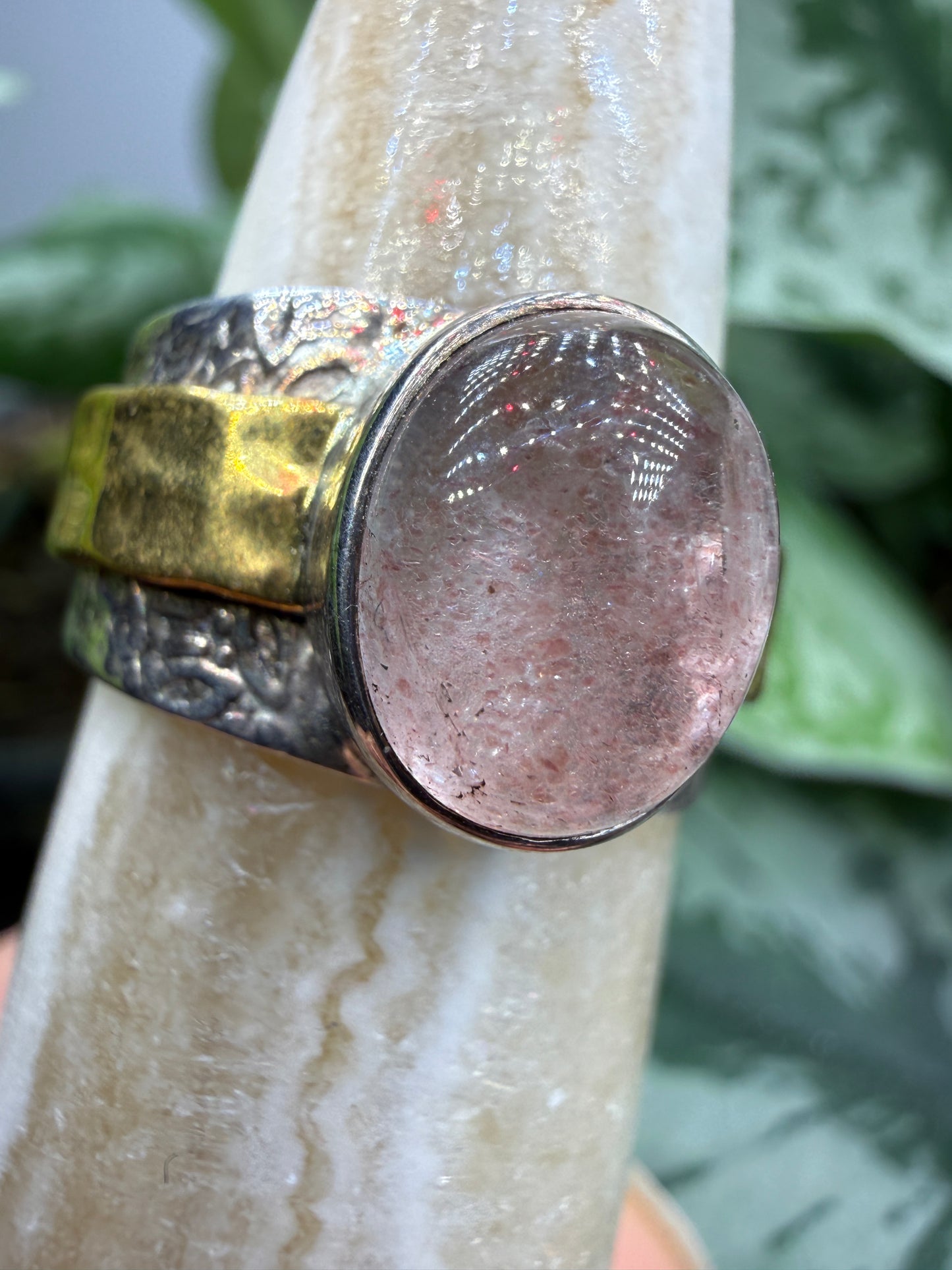 Red Tanzurine® Cabochon Brass Overlay Ring- Sz. 9 Sterling Silver & Brass
