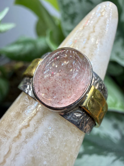Red Tanzurine® Cabochon Brass Overlay Ring- Sz. 9 Sterling Silver & Brass
