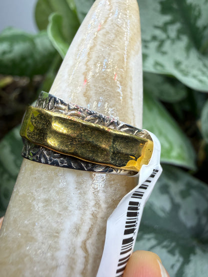 Red Tanzurine® Cabochon Brass Overlay Ring- Sz. 9 Sterling Silver & Brass