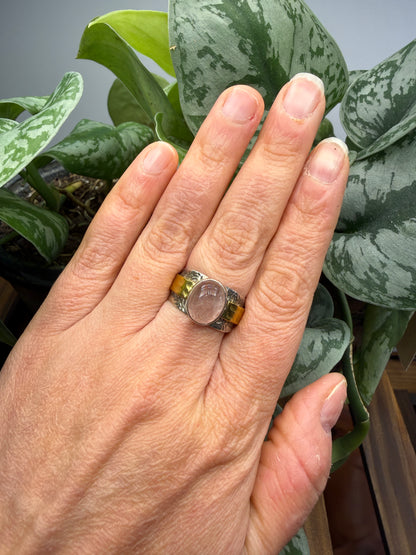 Red Tanzurine® Cabochon Brass Overlay Ring- Sz. 9 Sterling Silver & Brass