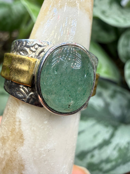 Green Tanzurine® Cabochon Brass Overlay Ring- Sz. 8 Sterling Silver & Brass