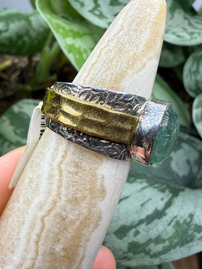 Green Tanzurine® Cabochon Brass Overlay Ring- Sz. 8 Sterling Silver & Brass