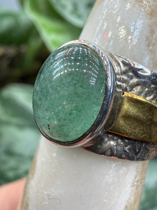 Green Tanzurine® Cabochon Brass Overlay Ring- Sz. 8 Sterling Silver & Brass