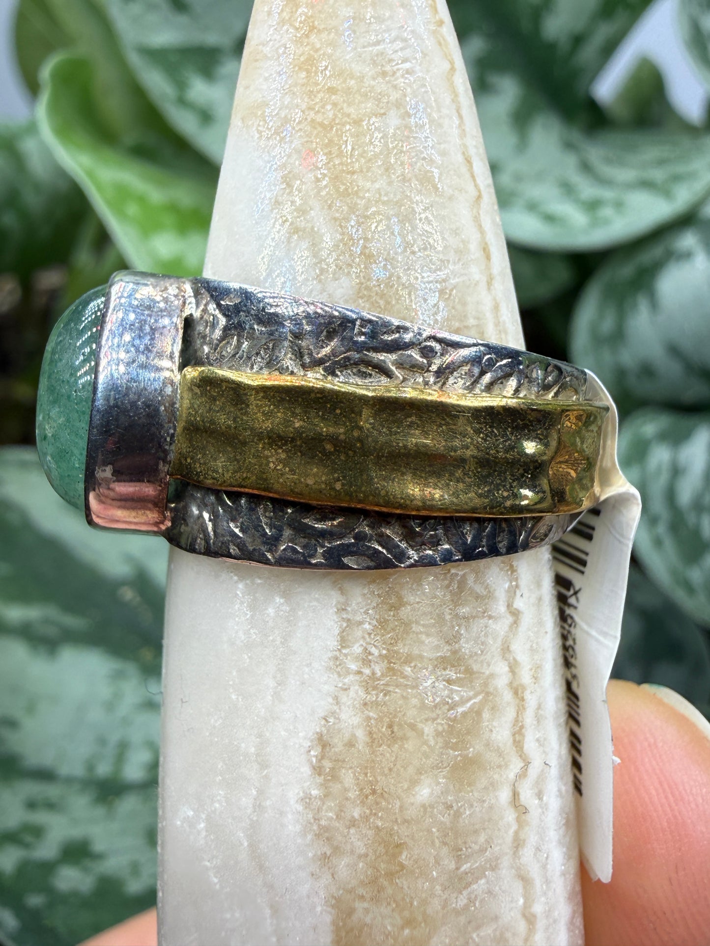 Green Tanzurine® Cabochon Brass Overlay Ring- Sz. 8 Sterling Silver & Brass