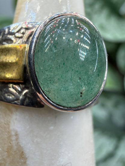 Green Tanzurine® Cabochon Brass Overlay Ring- Sz. 8 Sterling Silver & Brass