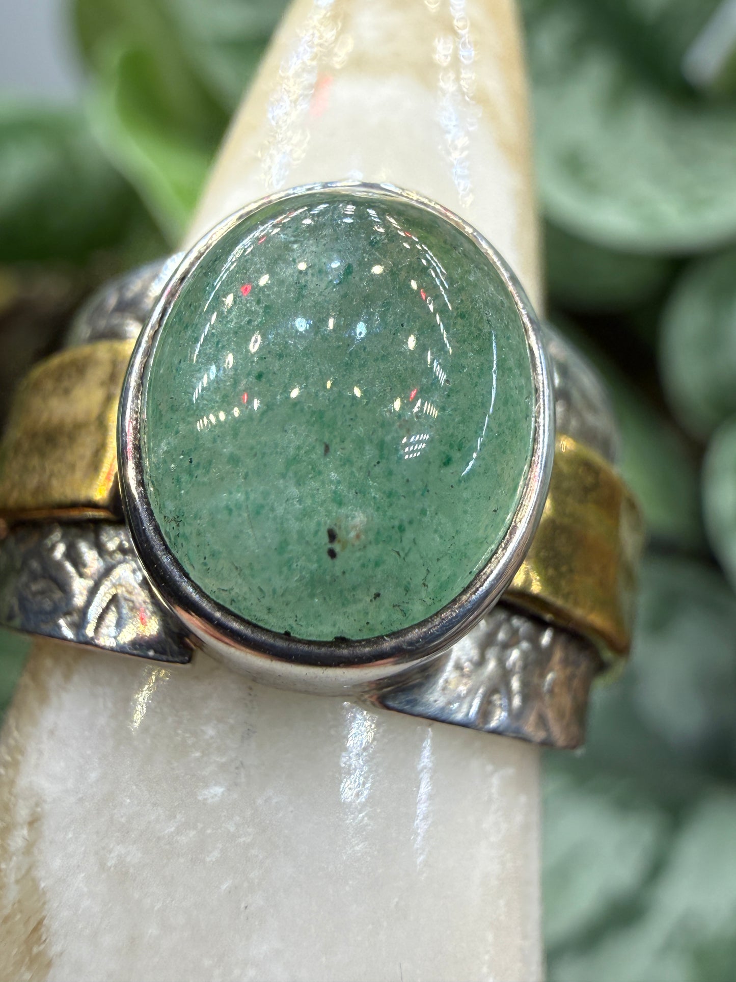 Green Tanzurine® Cabochon Brass Overlay Ring- Sz. 8 Sterling Silver & Brass