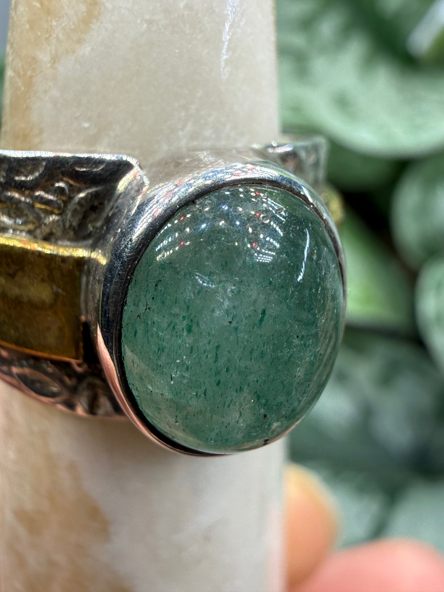 Green Tanzurine® Cabochon Brass Overlay Ring- Sz. 8 Sterling Silver & Brass