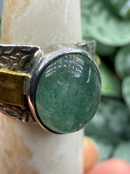 Green Tanzurine® Cabochon Brass Overlay Ring- Sz. 8 Sterling Silver & Brass