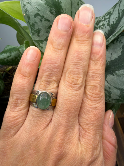 Green Tanzurine® Cabochon Brass Overlay Ring- Sz. 8 Sterling Silver & Brass