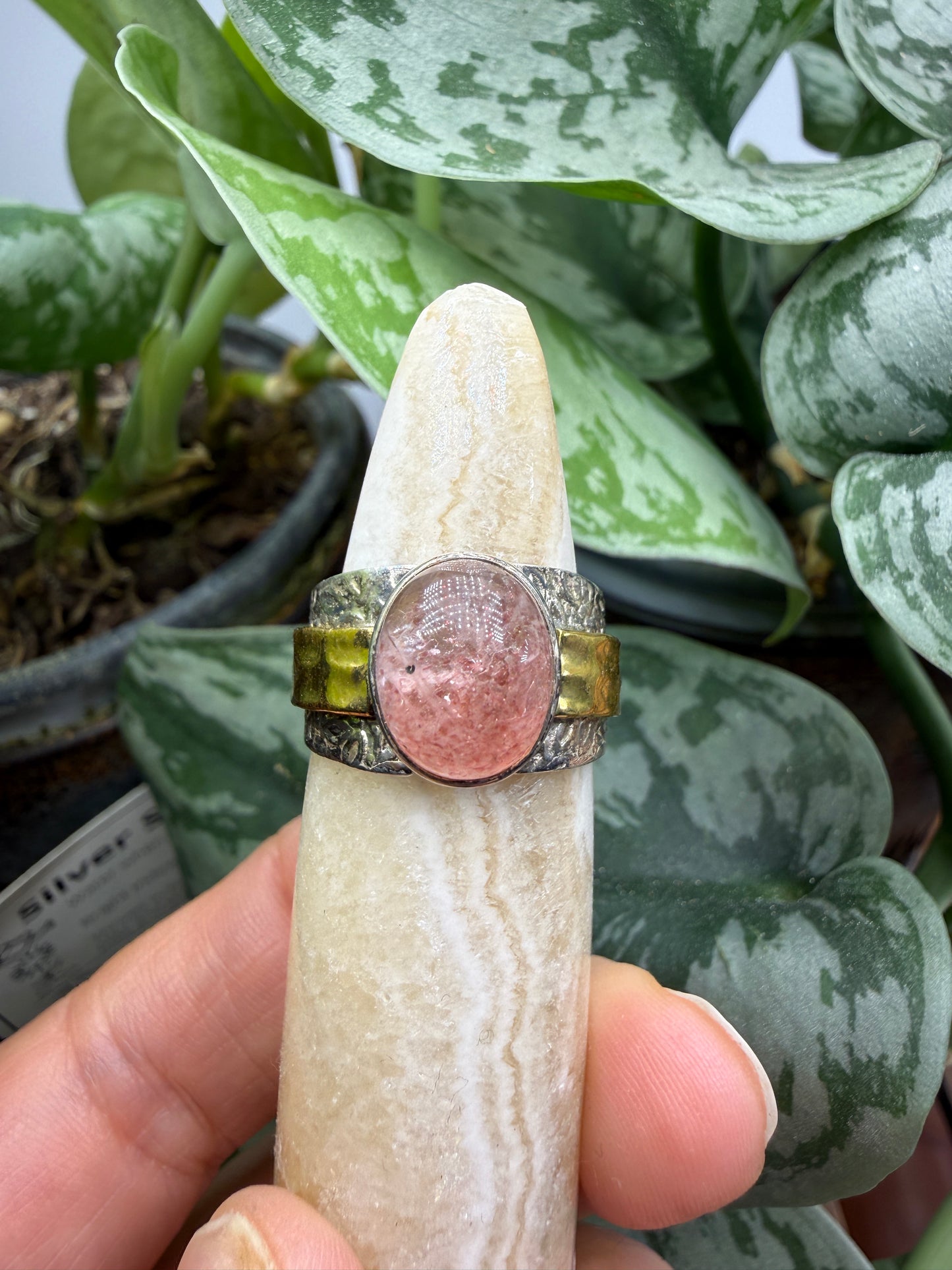 Red Tanzurine® Cabochon Brass Overlay Ring- Sz. 8 Sterling Silver & Brass