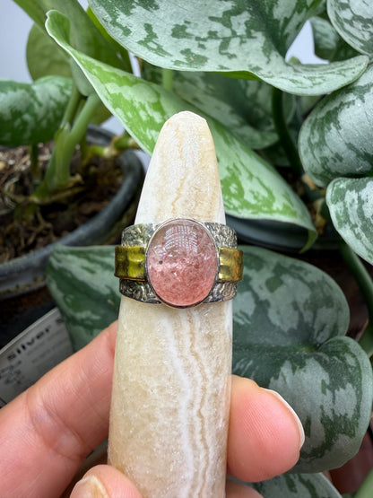 Red Tanzurine® Cabochon Brass Overlay Ring- Sz. 8 Sterling Silver & Brass